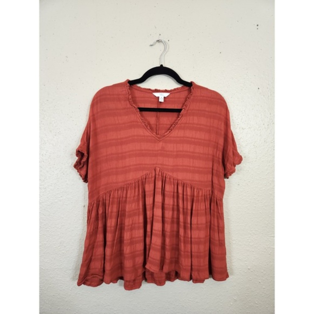 Time and Tru Peasant Blouse Ruffle V-Neck Short‎ Sleeve Top Spiced Cider M